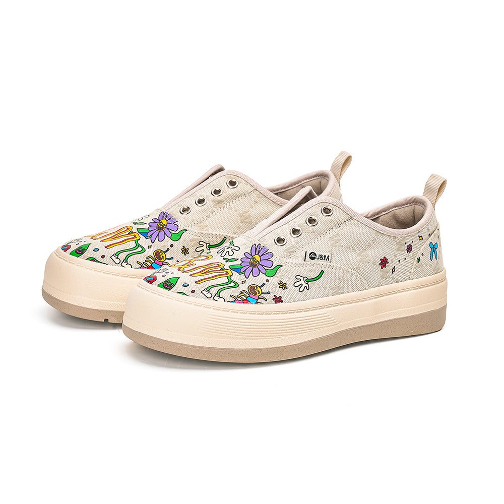 Joy&mario Women’s Printed Fabric Slip-on Loafers Shoes in Ivory-87906W