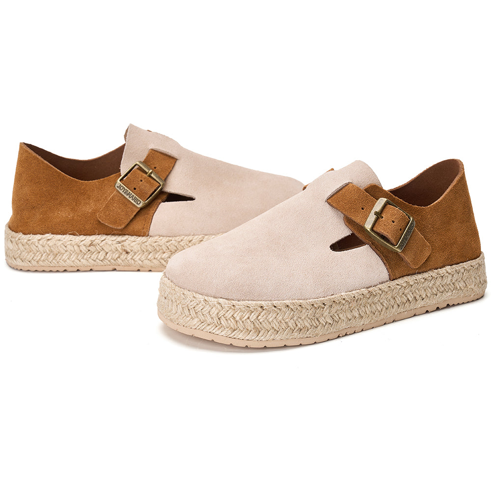 JOY&MARIO Handmade Women’s and Men's Slip-On Espadrille Cow Suede Couple Loafers in Camel-05651W/M