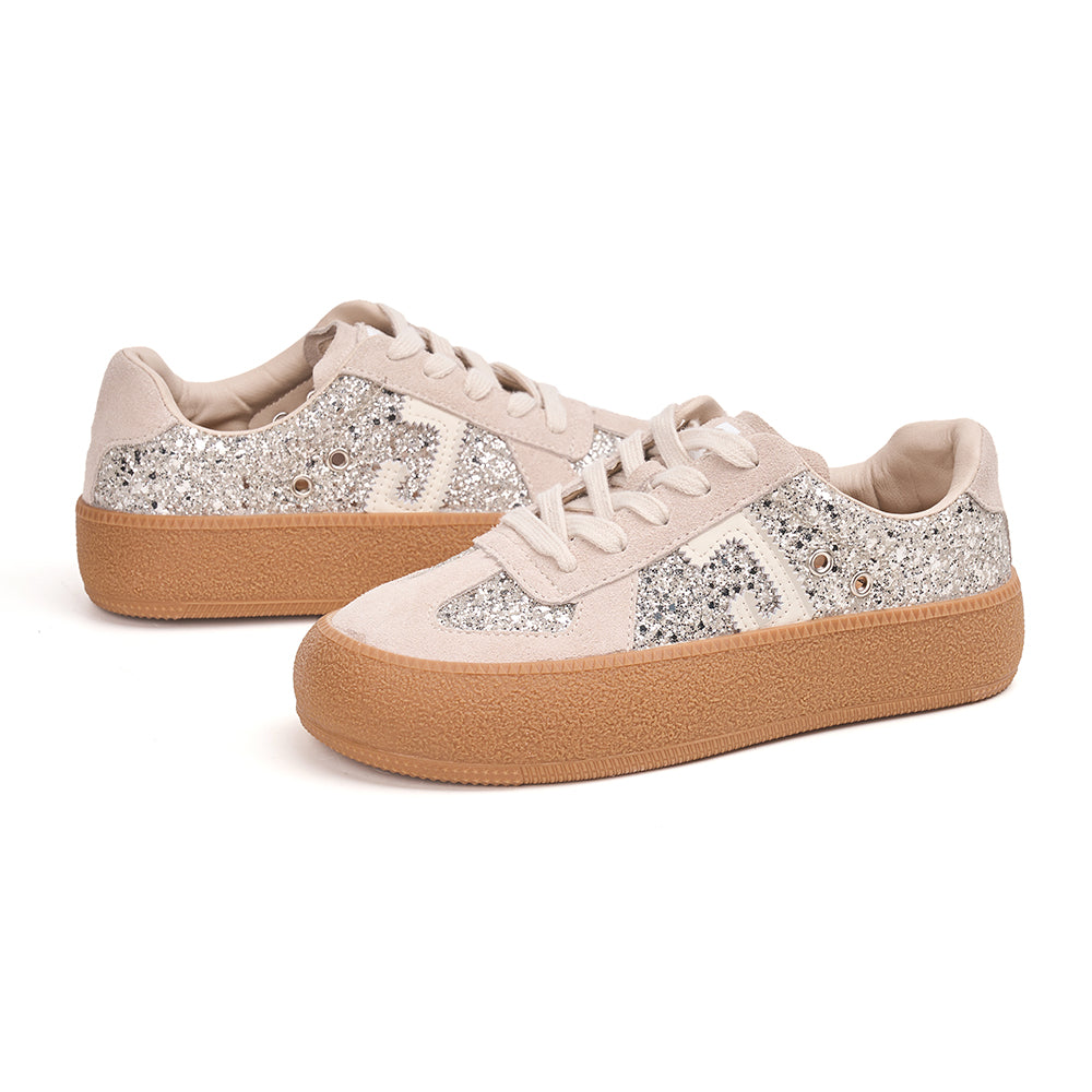 JOY&MARIO Women’s Lace-up Cow Suede and Glitter Desun Shoes in Sliver-83570W