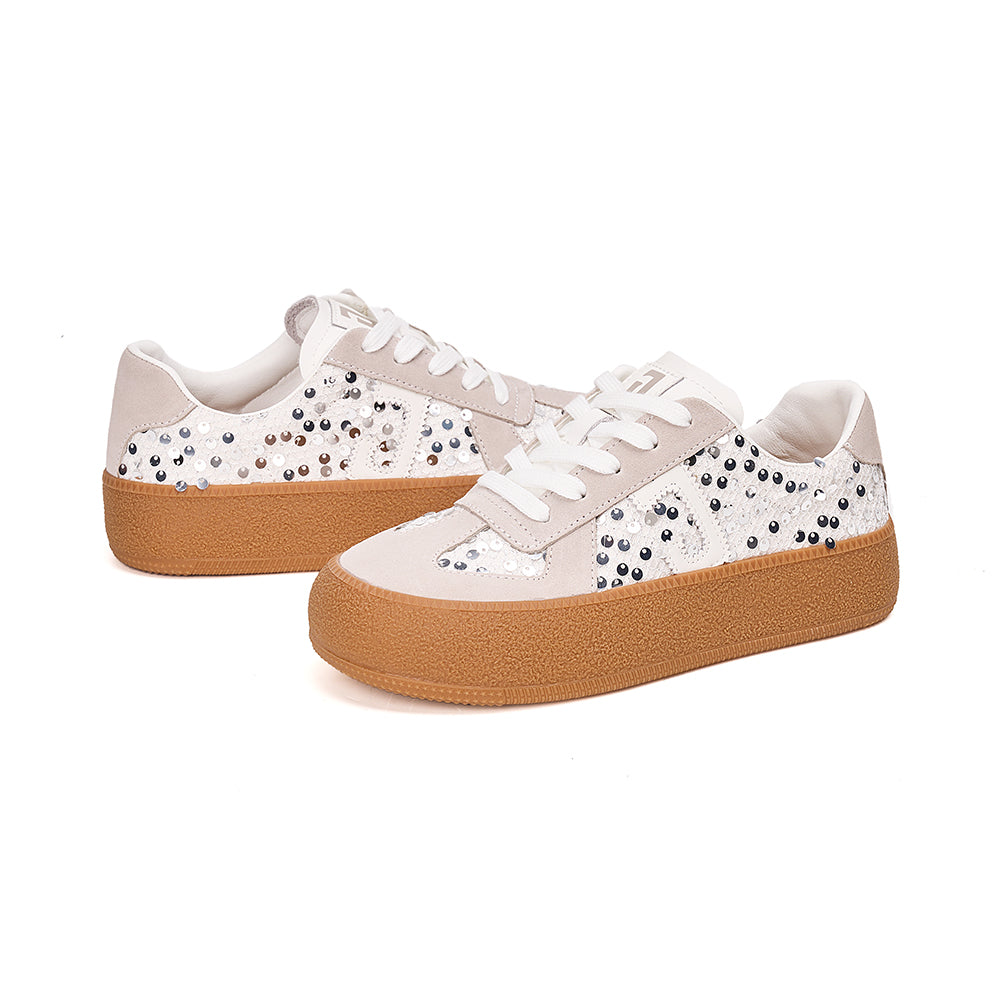 JOY&MARIO Women’s Lace-up Cow Suede and Sequins Desun Shoes in White-83571W
