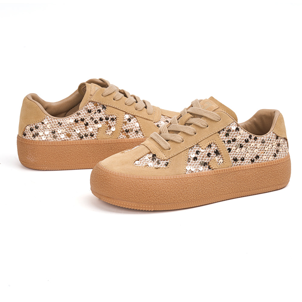 JOY&MARIO Women’s Lace-up Cow Suede and Sequins Desun Shoes in Apricot-83571W