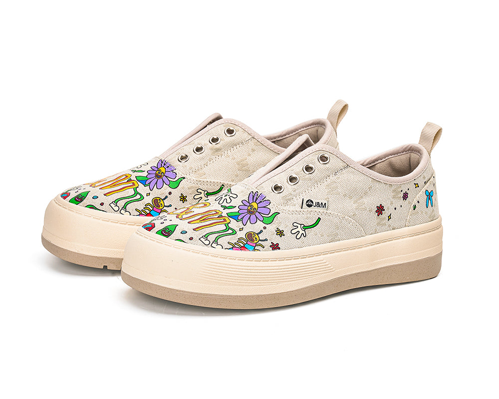 JOY&MARIO Women’s Printed Fabric Slip-on Loafers in Ivory-87906W