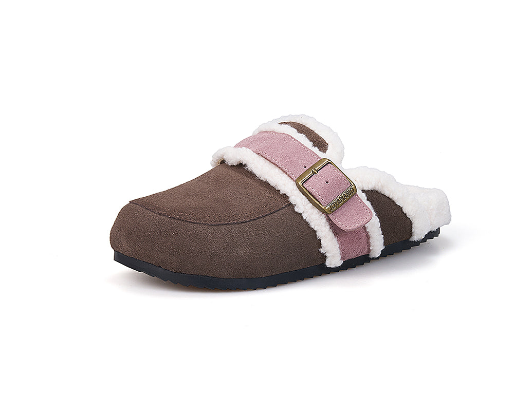 Joy&mario Women’s Slip-on Cow Suede Winter Fur Slipper Shoes-77310W