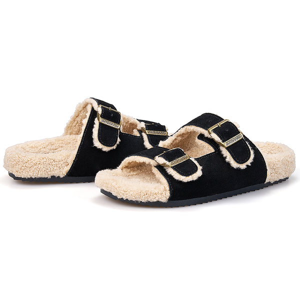 Women’s Lace-up Slip-on Cow Suede Winter Fur Slippers-77307W