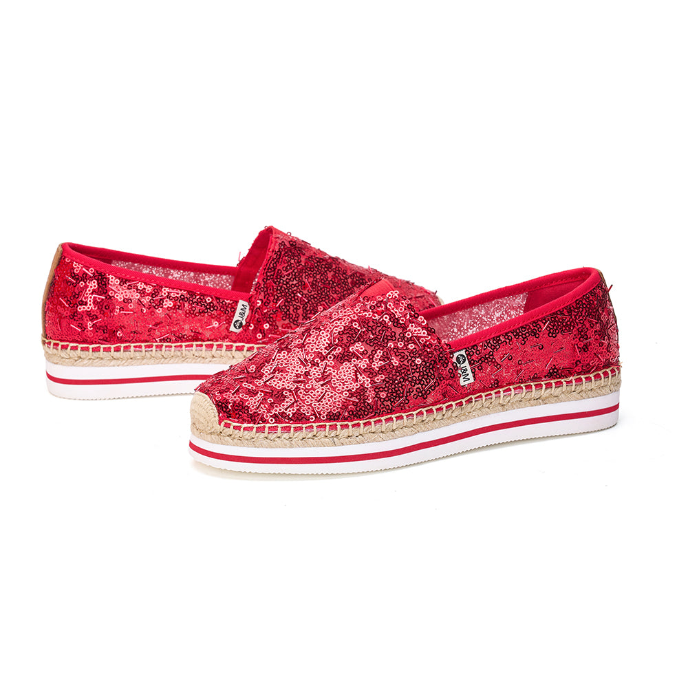 JOY&MARIO Handmade Women’s Slip-On Espadrille Sequins Mesh Loafers in Red-51550W