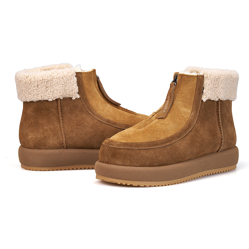 JOY&MARIO Women's Cow Suede and Fur Lace-up Boots in Camel-58131W