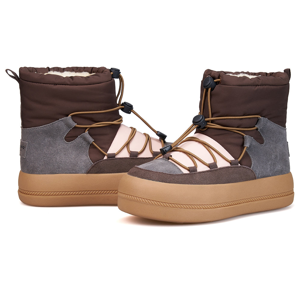 JOY&MARIO Women's Leather and Fabric Slip-on Boots in Coffee-87973W