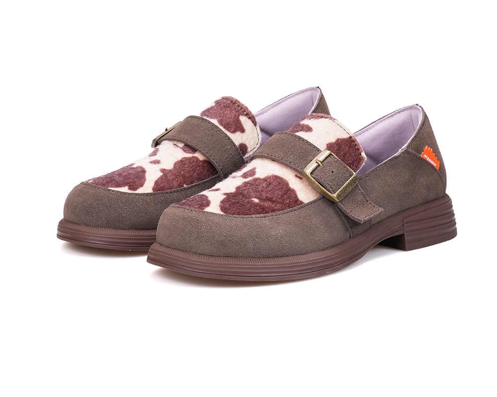 Women’s Slip-on Cow-Print Leather Coffee Flat Loafers Shoes-79128W