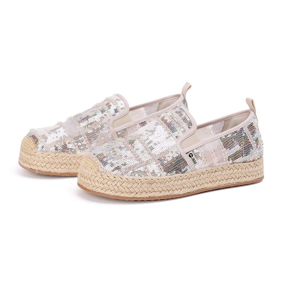 JOY&MARIO Handmade Women’s  Slip-On Espadrille Sequins Mesh Loafers in Ivory-05702W