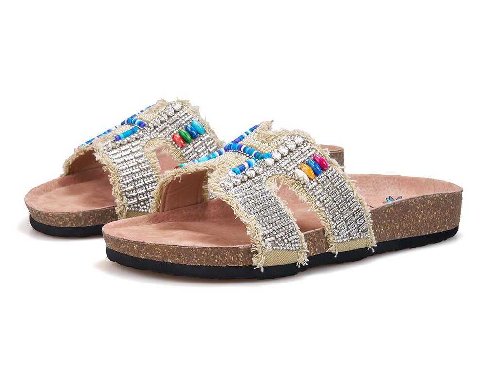 JOY&MARIO Women’s Slip-On Pearl Fabric Birken Shoes in Apricot-77259W