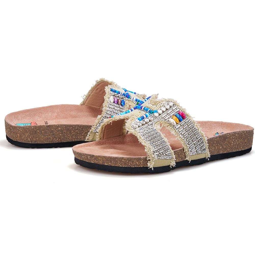 JOY&MARIO Women’s Slip-On Pearl Fabric Birken Shoes in Apricot-77259W