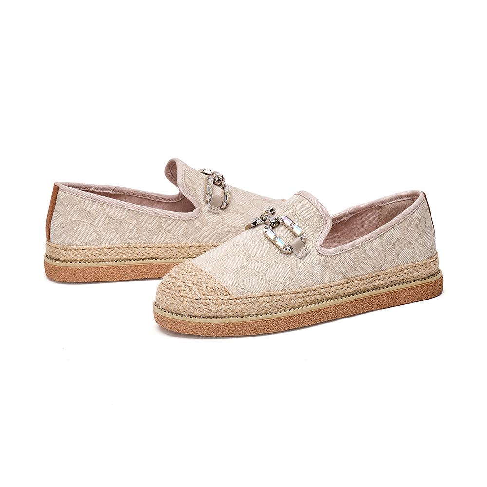 JOY&MARIO Handmade Women’s Slip-On Espadrille Fabric Loafers Flats in Ivory-69277W