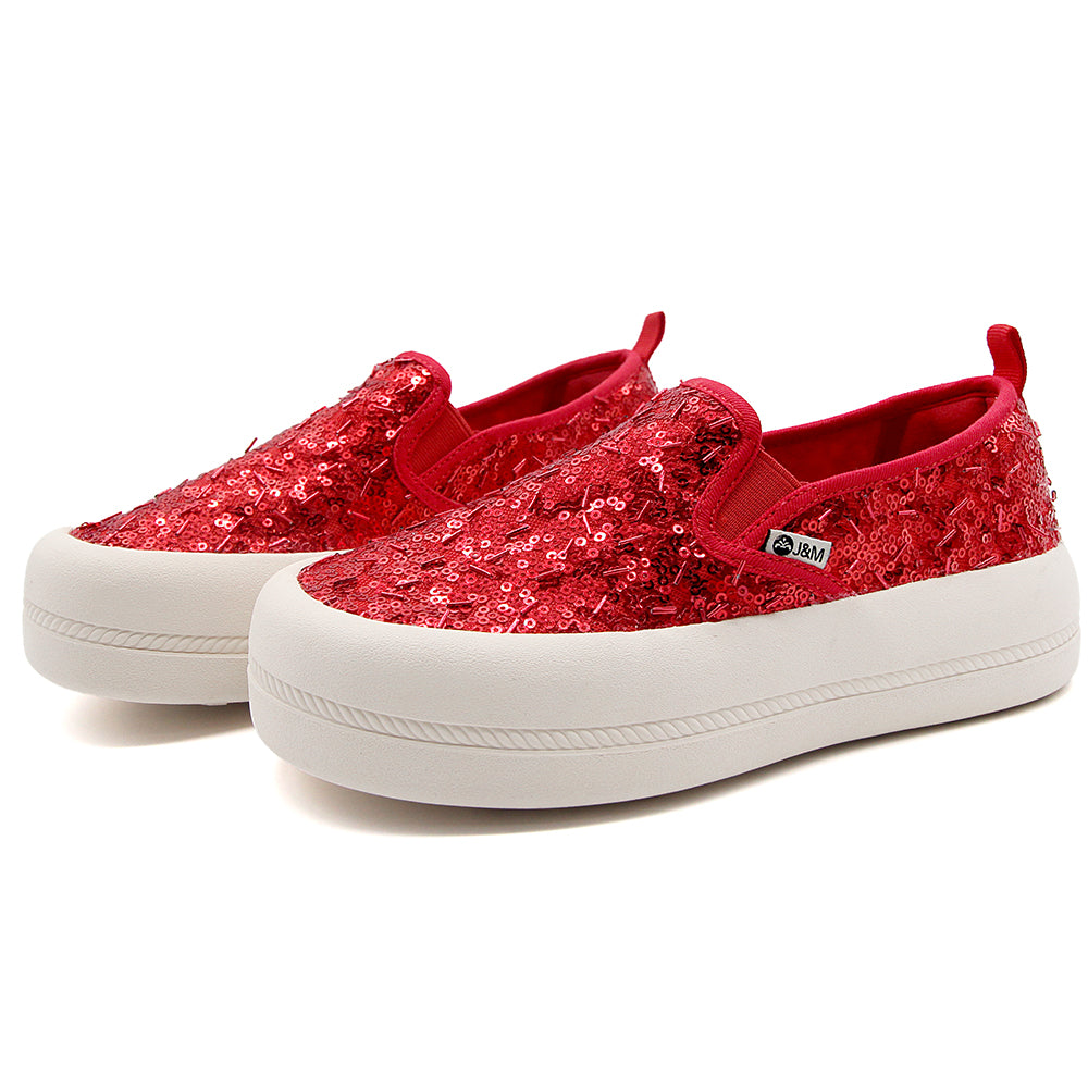 JOY&MARIO Women’s Slip-On  Sequins Mesh Platform in Red-87928W