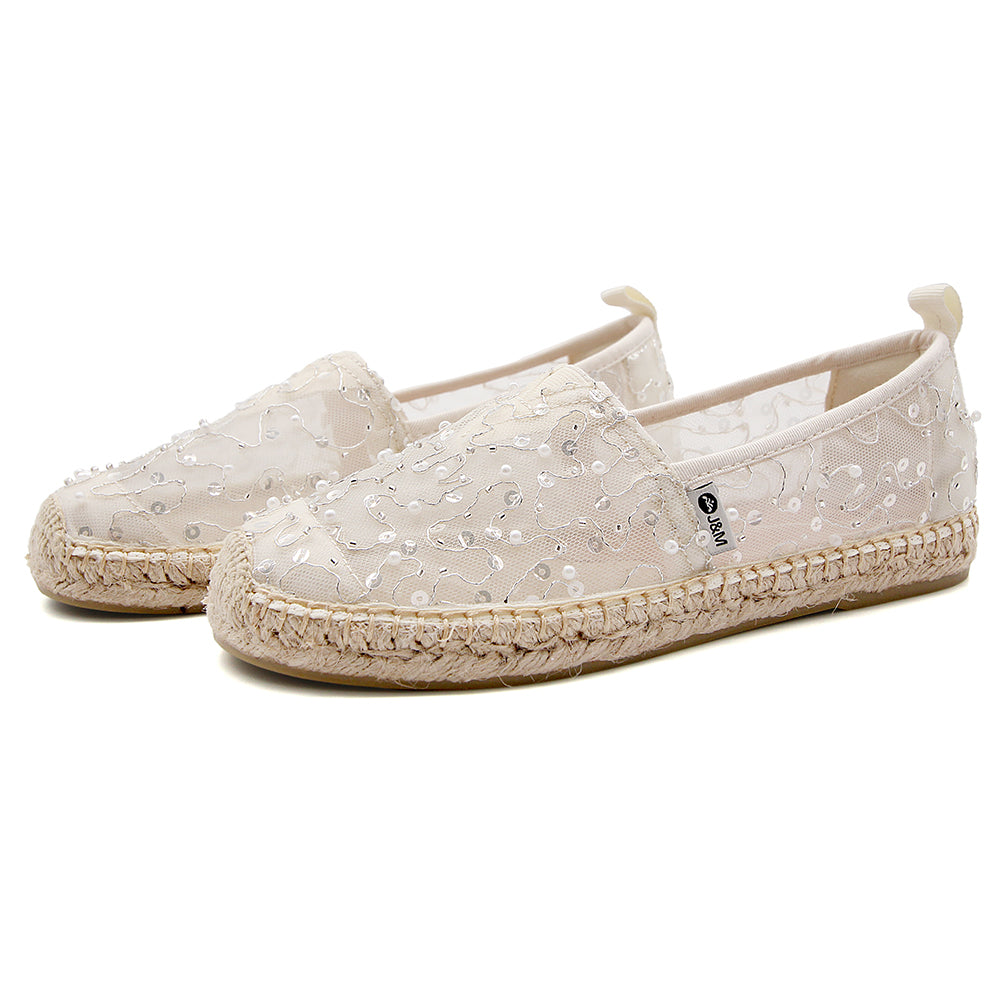 JOY&MARIO Handmade Women’s Slip-On Espadrille Mesh Loafers Flats in White-05710W
