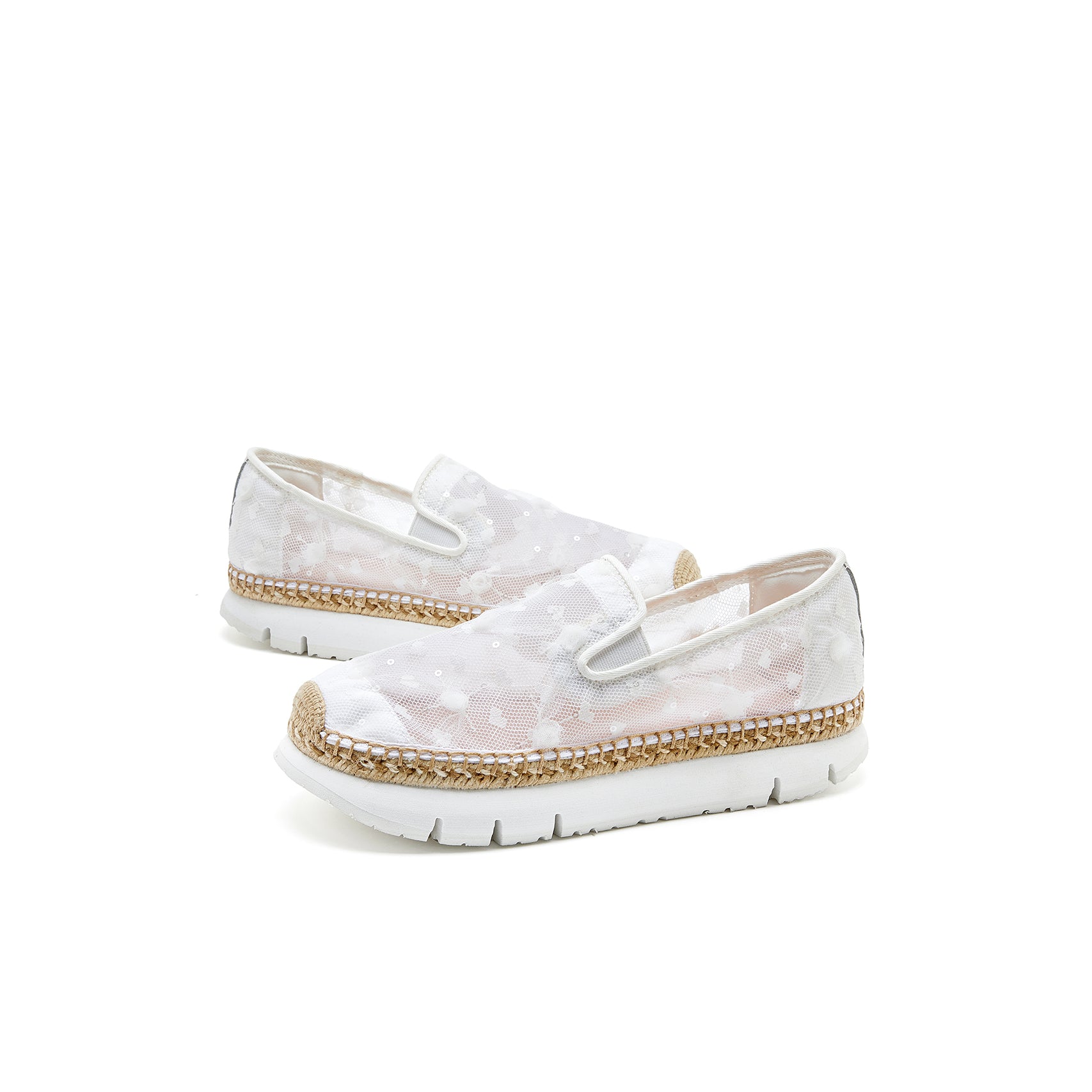 JOY&MARIO Handmade Women’s Slip-On Espadrille Mesh Loafers in White-52112W