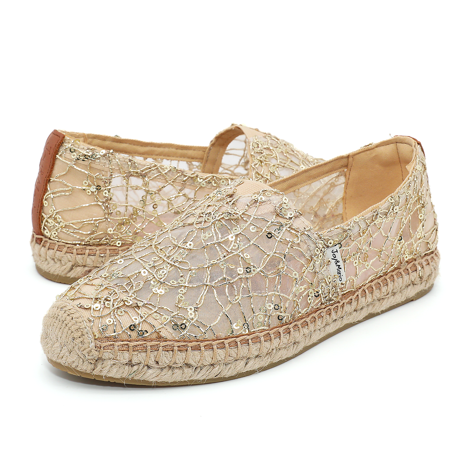 JOY&MARIO Handmade Women’s Slip-On Espadrille Mesh Loafers Flats in Gold-A01070W