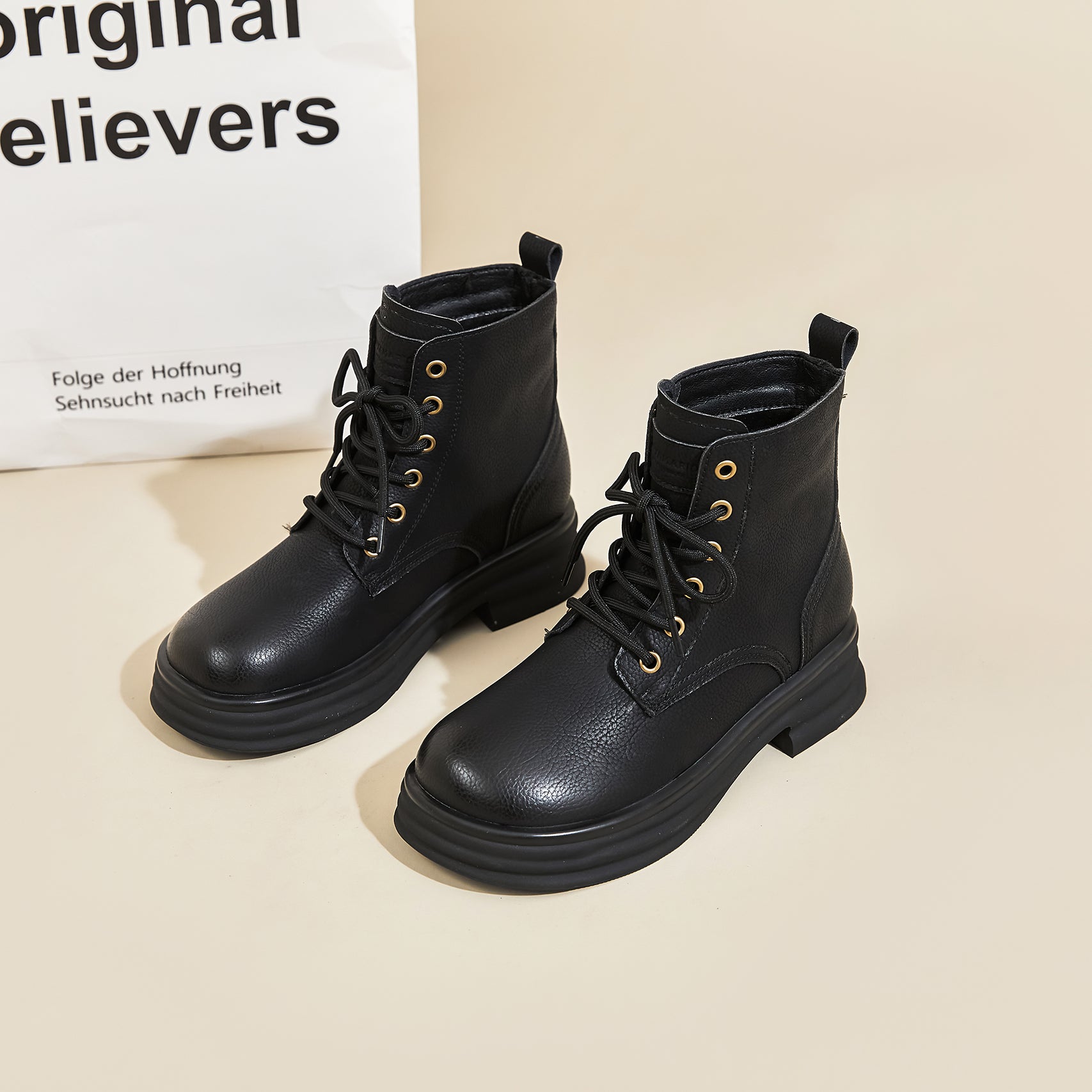 JOY&MARIO Women's Action Leather Lace-up Boots in Black-69102W JOYANDMARIO
