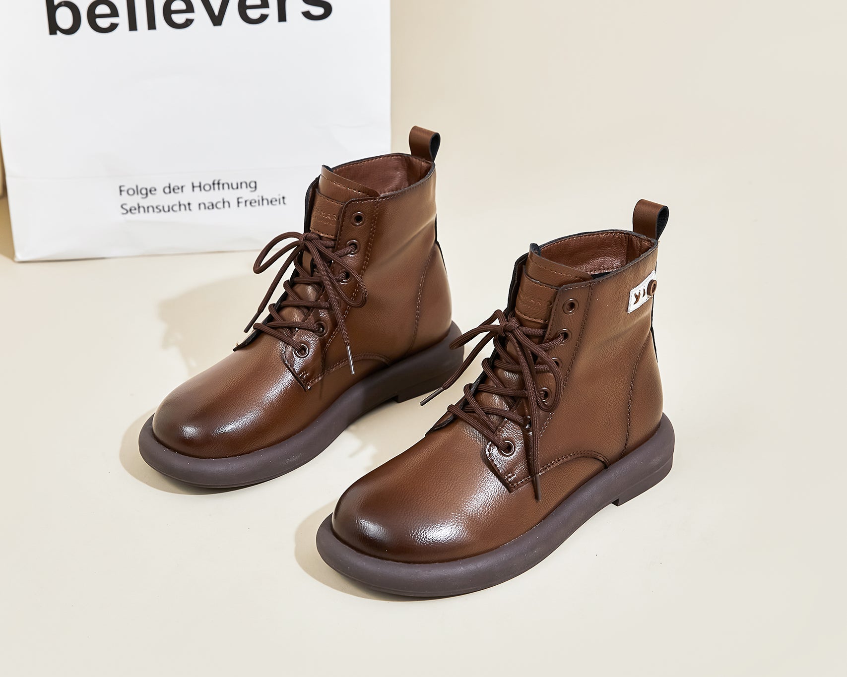 JOY&MARIO Women's Action Leather Lace-up Boots in Brown-69093W JOYANDMARIO
